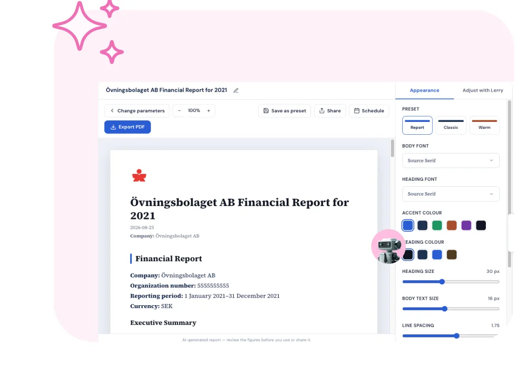 A tailored financial report built with the report generator in Lerry.ai