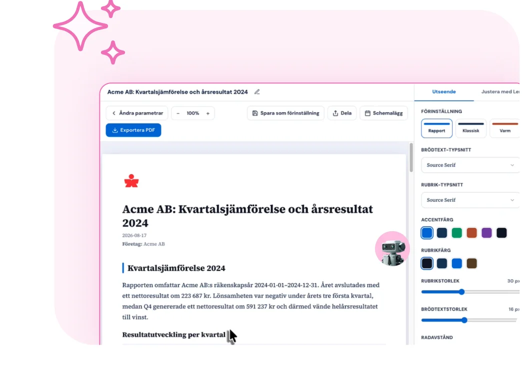 Skräddarsydd ekonomirapport skapad med rapportgeneratorn i Lerry.ai